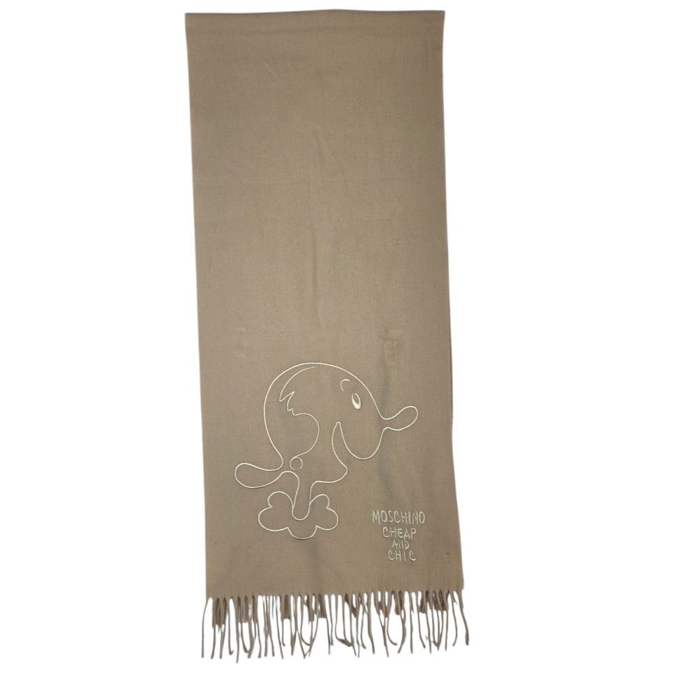 Moschino Wool fringed Beige Scarf with Animal abstract print